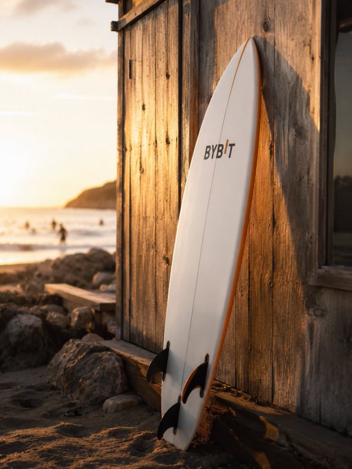 A white surfboard with "BYBIT" branding leans against a weathered wooden shack on a sandy beach, bathed in golden sunset light. The image evokes the caption's theme of seizing opportunity early, mirroring how surfers catch waves before they peak—paralleling Bybit's role for traders who move ahead of market trends.