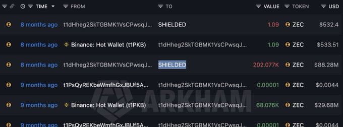 A transaction history list showing ZEC token transfers between wallets, including a 'SHIELDED' transfer of 202.077K ZEC valued at $88.28M and several Binance Hot Wallet (1PKB) transactions.