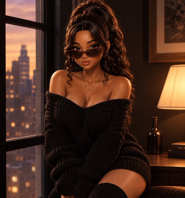 A digital illustration of a woman with long dark hair wearing sunglasses and a black off-shoulder sweater, sitting by a window with a cityscape at sunset visible behind her.