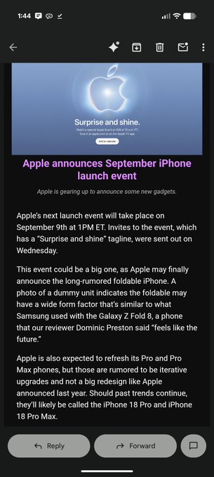 A screenshot of an email article headlined "Apple announces September iPhone launch event" detailing Apple's planned September 9th event with the tagline "Surprise and shine," expected to feature a long-rumored foldable iPhone and refreshed iPhone 18 Pro and Pro Max models. The accompanying post appears unrelated, with "9/9" likely referring to the event date while promoting ethos.vision in an unrelated crypto/web3 context.
