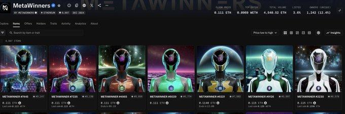 A screenshot of the MetaWinners NFT marketplace interface showing a grid of seven Metarunner astronaut character collectibles with floor price (0.111 ETH) and total volume metrics displayed.