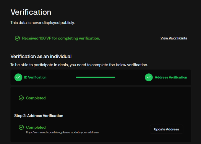 A verification page showing completed ID and Address Verification with "Received 100 VP for completing verification" displayed, indicating the user has earned Valor Points by completing the Legion verification process needed to participate in upcoming token sales like Jumper (JUMP).