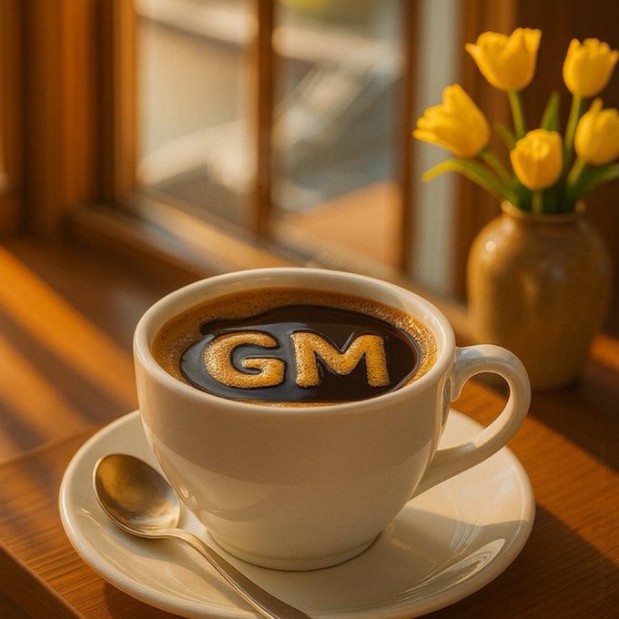 A white coffee cup on a saucer with a spoon beside a vase of yellow tulips, featuring 'GM' written in the coffee foam on a wooden table by a window.