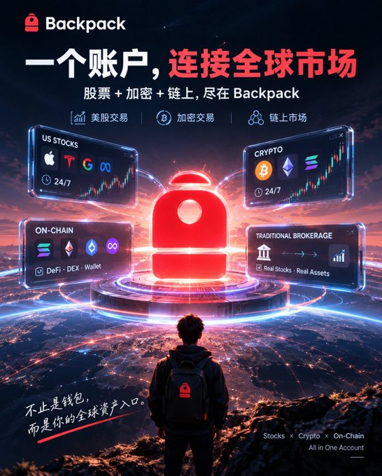 A promotional advertisement for 'Backpack' featuring a person with a backpack looking at a glowing red backpack icon connected to floating screens showing US Stocks, Crypto, On-Chain, and Traditional Brokerage options, with Chinese text translating to 'One account, connecting global markets.'