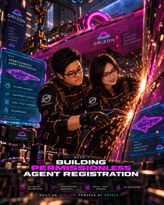 A promotional poster for 'ORIZON Shipyard' featuring two people in black uniforms working with sparks, advertising 'WEEK 1 BUILDING PERMISSIONLESS AGENT REGISTRATION' built on Stellar.