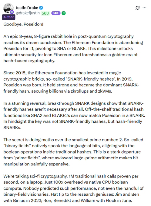 A tweet by Justin Drake (@drakefjustin) titled "Goodbye, Poseidon!" announcing the Ethereum Foundation's transition from Poseidon to SHA or BLAKE for L1, citing breakthroughs in SNARK designs using binary fields over prime fields.