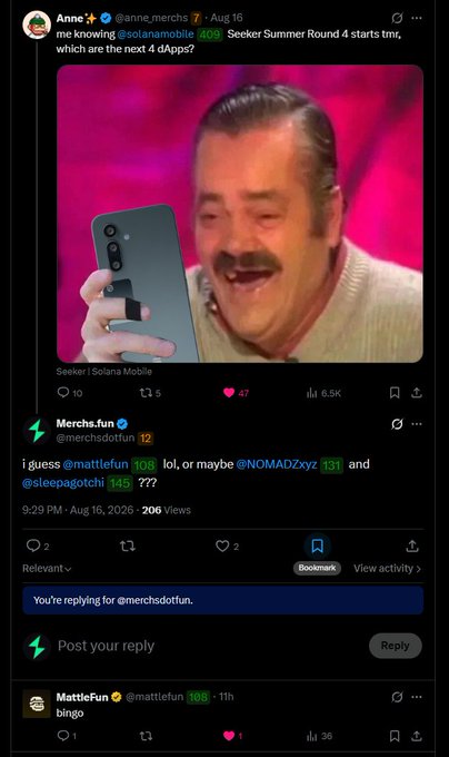 A screenshot of a Twitter/X thread from user 'Anne' asking about @solanamobile Seeker Summer Round 4 apps, with a reply from @merchsdtofun predicting that @mattiefun, @NOMADzxyz, and @sleepagotchi could be the next 4 apps.