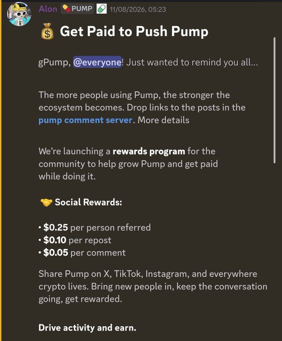 The image shows a Discord announcement from user "Alon" titled "💰 Get Paid to Push Pump" promoting gPump's rewards program, which offers $0.25 per person referred, $0.10 per repost, and $0.05 per comment to grow the Pump ecosystem. This relates to the accompanying post criticizing Pump.fun for its modest $0.10 repost reward despite generating $2 billion in revenue, with the commenter sarcastically offering to pay $0.50 per repost to highlight the team's lack of generosity.