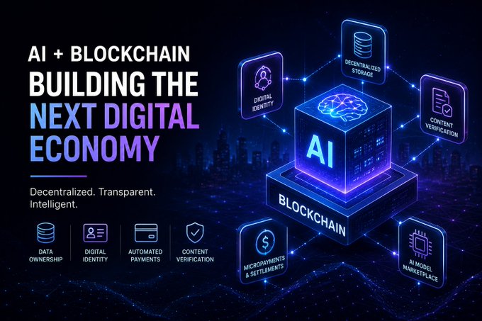 A graphic titled 'AI + BLOCKCHAIN BUILDING THE NEXT DIGITAL ECONOMY' featuring a glowing AI and blockchain icon with related features like digital identity, decentralized storage, and micropayments.