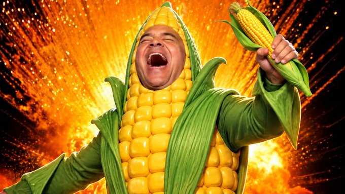 A person dressed in a corn cob costume with green husk sleeves laughs joyfully while holding an ear of corn, set against a dramatic fiery orange background.