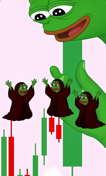 A Pepe the Frog meme illustration featuring a large green Pepe hand holding up three smaller hooded Pepe figures against a pink background with a candlestick chart showing green and red price bars.