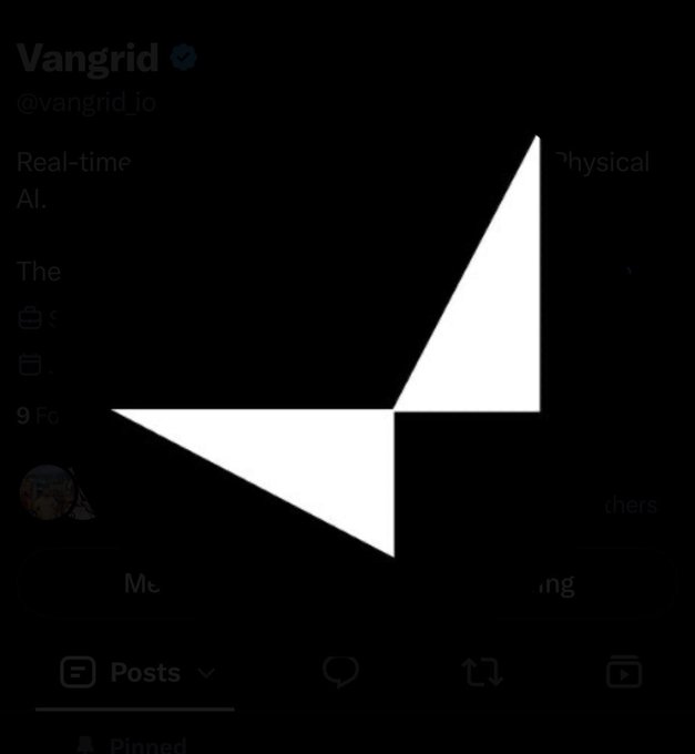 A darkened screenshot of a Twitter/X profile for 'Vangrid (@vangrid_io)' featuring a large white geometric pinwheel/arrow logo overlay obscuring most of the content.