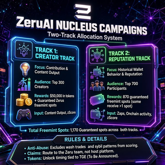 An infographic titled 'ZeruAI NUCLEUS CAMPAIGNS' detailing a 'Two-Track Allocation System' with a 'Creator Track' offering $50,000 in token rewards and a 'Reputation Track' offering 870 guaranteed freemint spots.