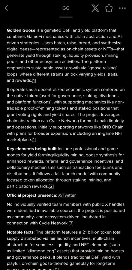 A screenshot of Moby's AI-generated research summary for **Golden Goose (GG)**, a gamified DeFi/yield platform that combines GameFi, chain abstraction, and AI to let users hatch, raise, breed, and synthesize digital geese—represented as NFTs—for yield via staking, liquidity provision, and mining pools. The summary covers key mechanics (21B token supply, goose synthesis, BNB Chain via Cycle Network), built-in deflationary features, and notes that no publicly verified team members were identified.