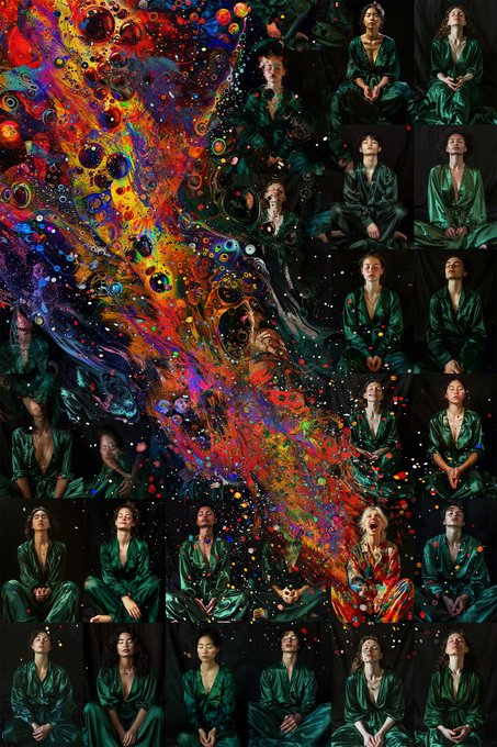 A surreal grid collage of a woman in a green satin dress in various meditative poses alongside abstract colorful cosmic imagery.