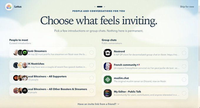 A Lotus app welcome screen titled 'Choose what feels inviting' with curated introductions like Nostr Streamers, UK Nostriches, and group chats including Nostrond and French community.