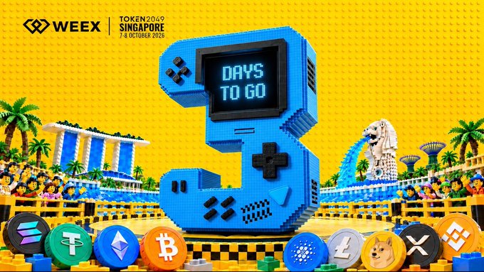 A promotional graphic for TOKEN2049 Singapore (7-8 October 2025) by WEEK, featuring a LEGO-style Game Boy displaying "DAYS TO GO" against a yellow background with the Marina Bay Sands and Merlion landmarks.