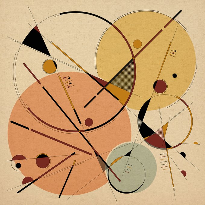 An abstract geometric artwork featuring overlapping circles and intersecting straight lines in shades of orange, yellow, brown, black, and muted green on a beige textured background.