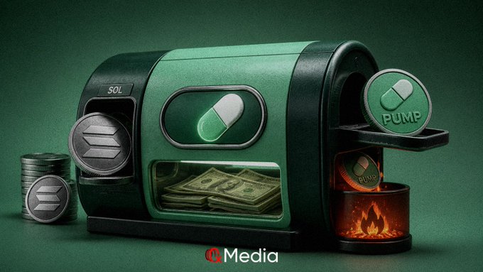 A 3D-rendered green machine labeled 'SOL' featuring pill imagery, a 'PUMP' button, stacks of cash, and Solana logo coins, branded with 'Media' at the bottom.