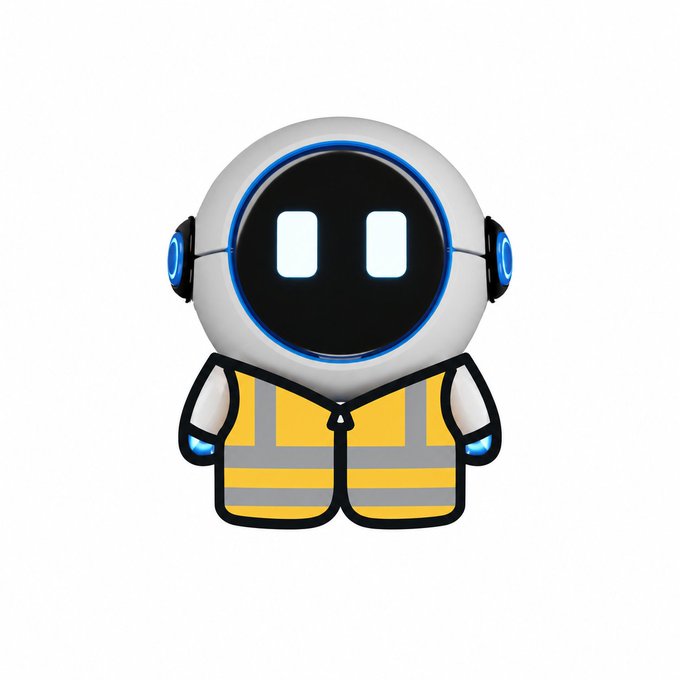 A digital illustration of a small white robot character with a black visor displaying two glowing blue rectangular eyes, wearing a yellow and gray reflective safety vest.