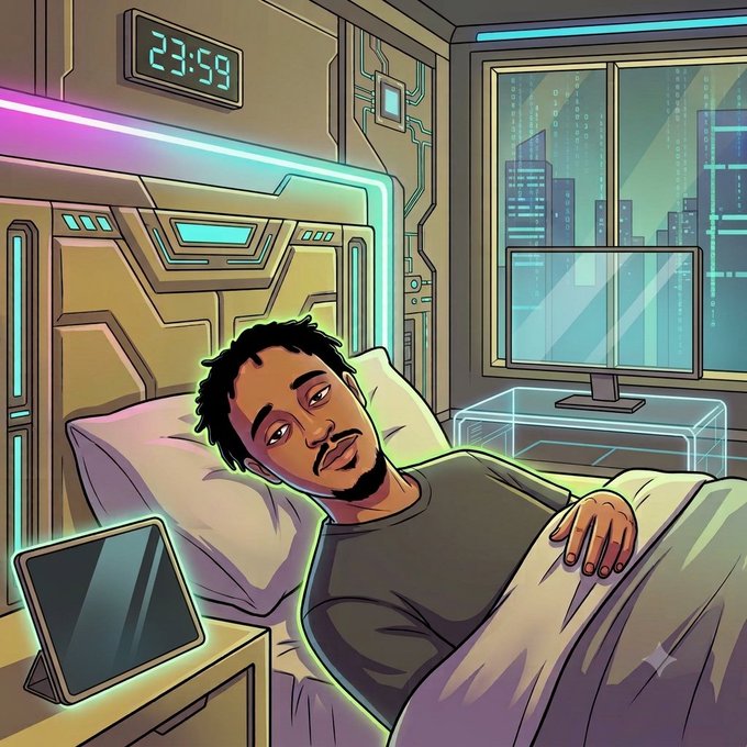 A cartoon-style illustration depicts a man with short dark hair and a beard lying in bed in a futuristic room, with a digital clock on the wall reading '23:59'.