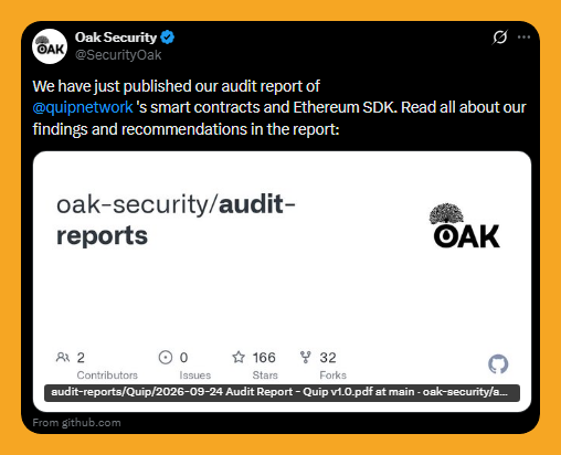 A tweet from Oak Security (@SecurityOak) announcing the publication of their audit report of Quipnetwork's smart contracts and Ethereum SDK, linking to oak-security/audit-reports on GitHub.