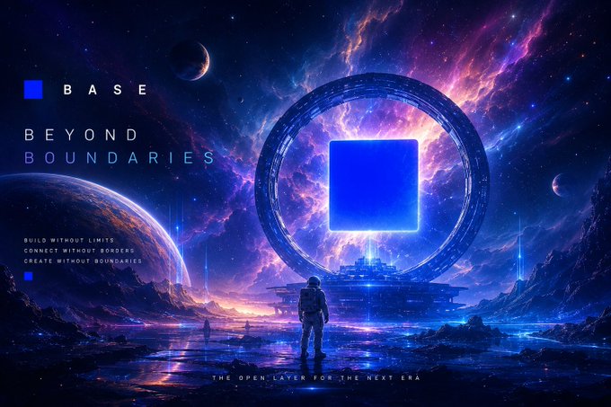 A sci-fi promotional image featuring a person facing a glowing blue portal in space, with text including 'BASE', 'BEYOND BOUNDARIES', and 'THE OPEN LAYER FOR THE NEXT ERA'.
