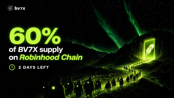 A promotional graphic with green neon aurora lighting shows 'bv7x' branding with text reading '60% of BV7X supply on Robinhood Chain' and '2 DAYS LEFT' next to an illustration of figures walking toward a glowing green portal.