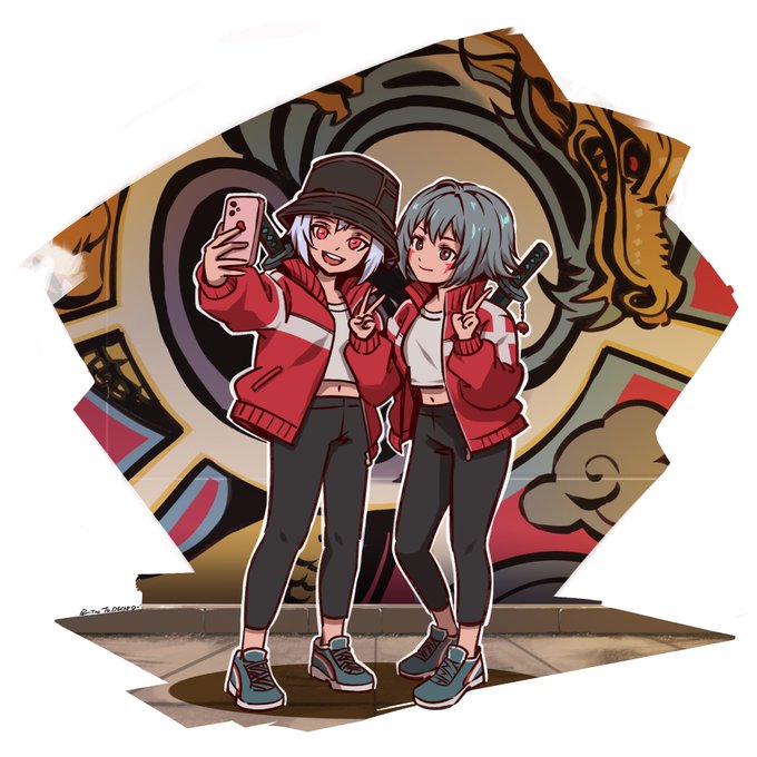 An anime-style illustration of two girls in red jackets posing together for a selfie in front of a graffiti-covered wall, with the artist signature 'Tezer'.