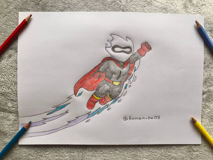 A hand-drawn colored pencil illustration on white paper of a masked superhero character in a red cape flying through the air, signed "@Roman_sw09" with colored pencils scattered around the edges.