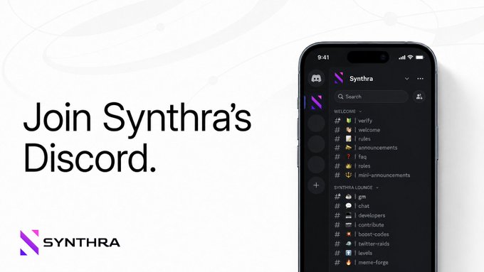 A promotional advertisement with the text 'Join Synthra's Discord' beside a smartphone mockup displaying the Synthra Discord server channels organized into 'Welcome' and 'Synthra Lounge' categories.