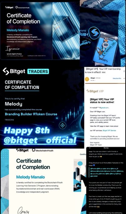 A collage showcasing Bitget and Blockchain4Youth certificates of completion awarded to Melody Manalo, alongside VIP membership confirmation screenshots from Bitget celebrating their 8th anniversary.
