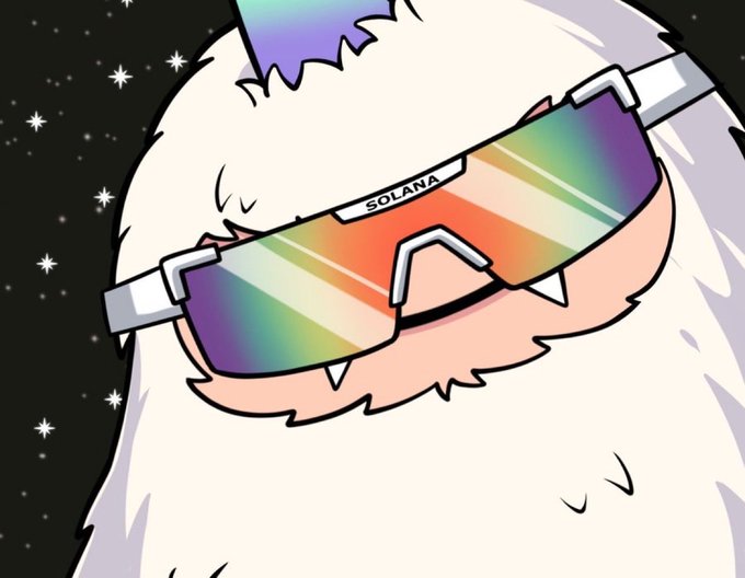 A fluffy white yeti mascot wears iridescent holographic sunglasses with "SOLANA" printed on the bridge, set against a starry black background, visually riffing on the post's punchline about Solana.