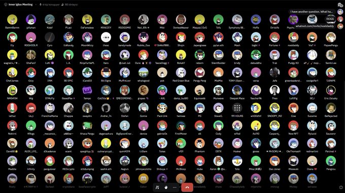 A Zoom meeting titled 'Inner Igloo Meeting' displays a large grid of colorful circular participant avatars and names.