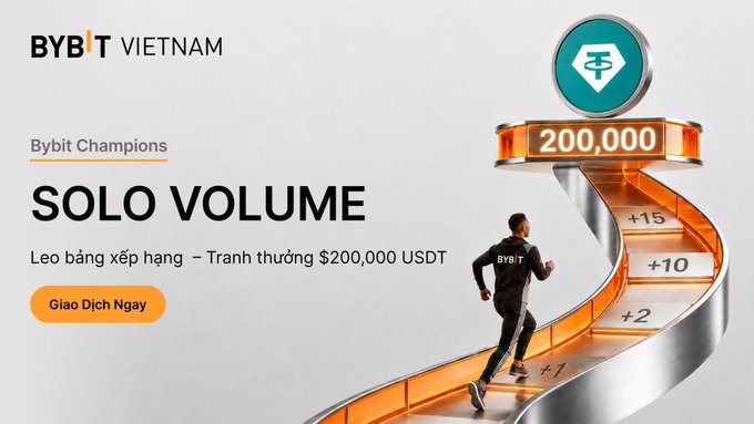 The image features a man running up a staircase with the words "Bybit Vietnam" written above him. The stairs are curved, adding an interesting visual element to the scene. The text "Volume" can be seen as well, which might indicate that this is related to a competition or challenge involving running.