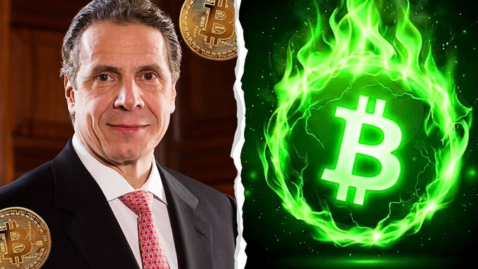 A split-image graphic featuring a portrait of a man in a suit and tie on the left with Bitcoin coins, and a glowing green Bitcoin symbol wreathed in flames on the right.