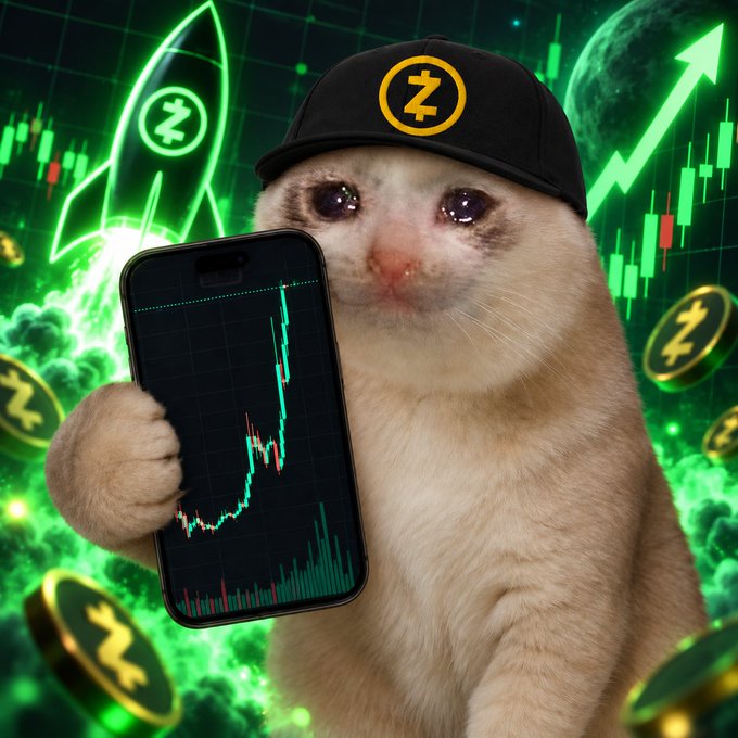 A meme image of a crying cat wearing a black cap with the Zcash (Z) logo, holding a smartphone displaying a green crypto price chart, surrounded by Zcash coins and rockets.