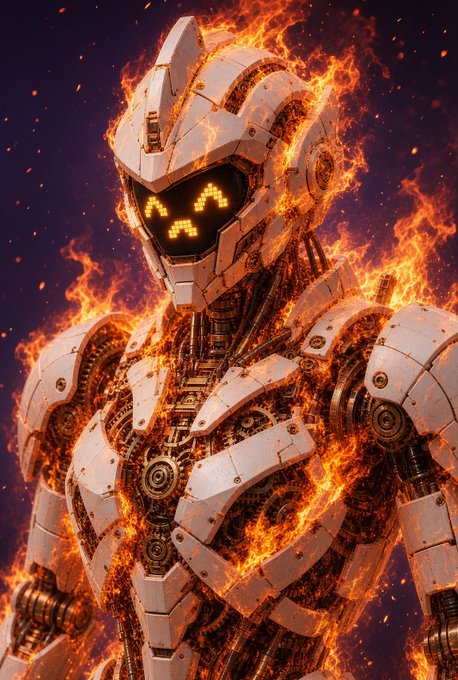 A futuristic white robotic figure with pixelated glowing yellow eyes is engulfed in dramatic flames and sparks against a dark background.