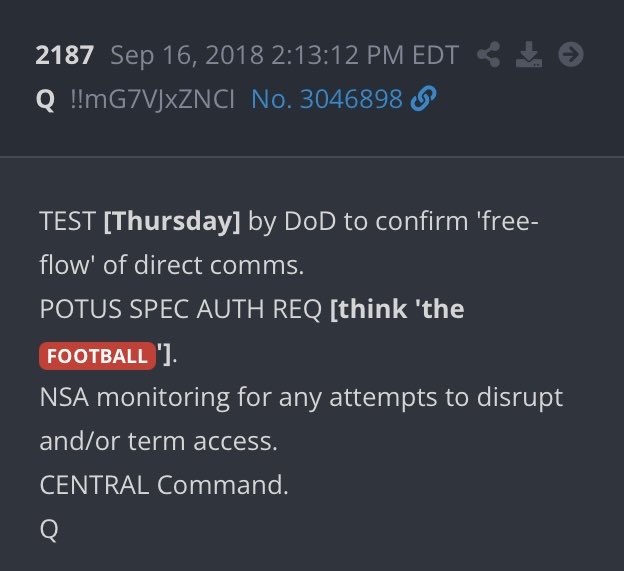 A screenshot of a text document dated Sep 16, 2018, discussing a DoD test for direct comms and POTUS SPEC AUTH REQ, with the word 'FOOTBALL' highlighted.