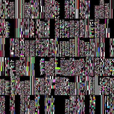 The image displays a chaotic, glitch-art composition filled with vertical stripes of fragmented pixels, black rectangles, and distorted blocks in neon hues of pink, green, blue, and yellow, characteristic of Kim Asendorf's "Reading a book" series. The post indicates this is piece #710, which sold for 500 XTZ on objkt.com between seller ABOSCH and buyer IdaHerself, with the visual resembling corrupted or "glitched" digital text and barcodes.