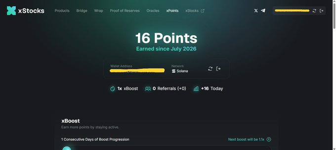A screenshot of the xStocks dashboard showing a user has earned 16 points since July 2026, including 1 xBoost, +16 today, and 1 Consecutive Day of Boost Progression, tied to the poster's claim of earning those points by providing just $40 in LP on Raydium and purchasing modest amounts of SpaceX stock and SOL.