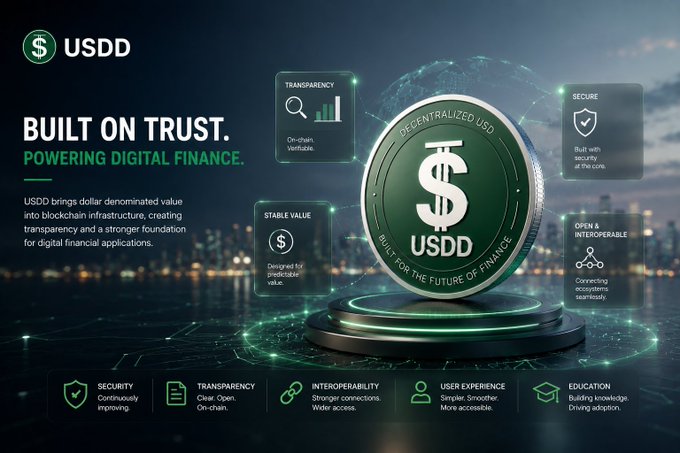 A promotional graphic for 'USDD' cryptocurrency, featuring the tagline 'BUILT ON TRUST. POWERING DIGITAL FINANCE.' with a green coin displaying the dollar sign and features like Transparency, Stable Value, Secure, and Open & Interoperable highlighted.