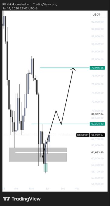 A TradingView chart for BTCUSDT on the USDT pair dated Jul 14, 2026, showing price levels at 79,916.35, 69,337.64, 67,284.13, 65,050.97, and 61,633.85 with arrows indicating potential price movement.