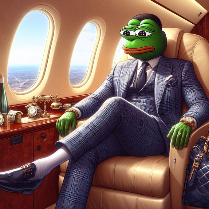 A 3D rendering of the Pepe the Frog character dressed in a blue plaid suit, sitting in a luxurious private jet with a gold watch, vintage telephone, and designer bag.
