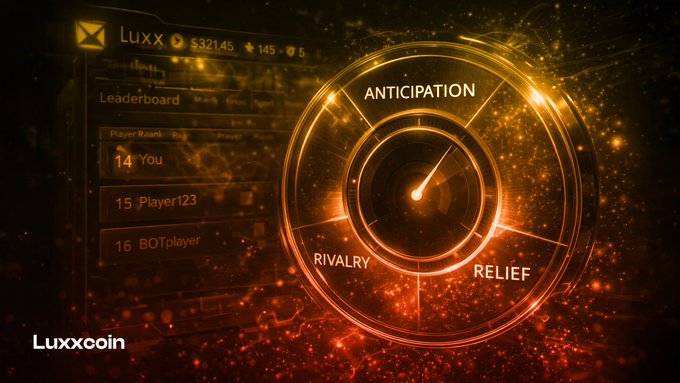 A golden, futuristic interface for Luxxcoin featuring a circular gauge highlighting the emotions "ANTICIPATION," "RIVALRY," and "RELIEF." In the background, a leaderboard shows "You" at rank 14, alongside a balance of $321.45.