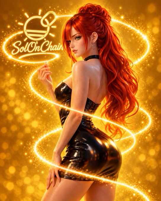 A digital illustration of a woman with long red hair wearing a black latex outfit, surrounded by glowing golden light trails and a logo reading 'SolOnChain'.
