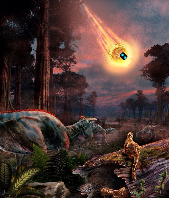 A dramatic prehistoric scene depicts dinosaurs witnessing a flaming asteroid streaking through a vibrant sky, illustrating the extinction event that ended the age of dinosaurs.