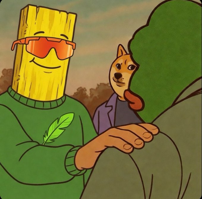 This cartoon depicts a character with a plank for a head, wearing sunglasses and a green sweater with a feather logo, next to a Doge character peeking from behind a green object, alluding to the $PLANK meme coin. The image visually represents the $PLANK meme coin's mascot and Doge, a popular meme coin, in a playful and slightly menacing context that aligns with the accompanying text's humorous threat.