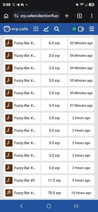 A mobile screenshot of xrp.cafe/collection/fuzz showing a list of 'Fuzzy Bar' NFT collectibles purchased with XRP amounts and timestamps, most bought 3.0 xrp 53-55 minutes ago.