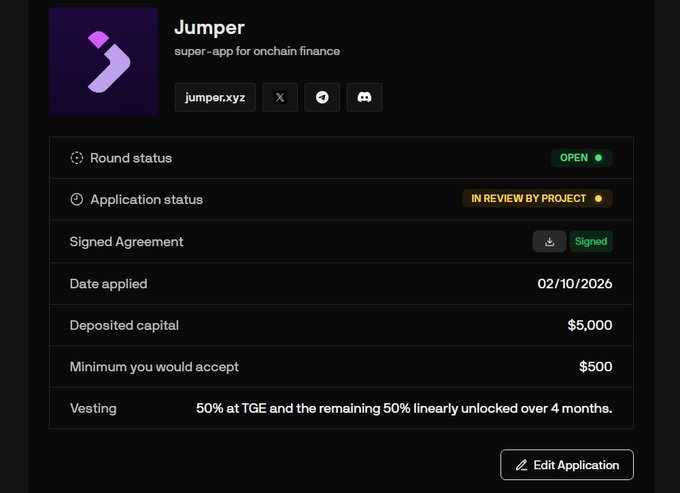 An application status dashboard for 'Jumper - super-app for onchain finance' at jumper.xyz showing an OPEN round status, 'IN REVIEW BY PROJECT' application status, signed agreement, $5,000 deposited capital, $500 minimum, and 50% TGE vesting terms.